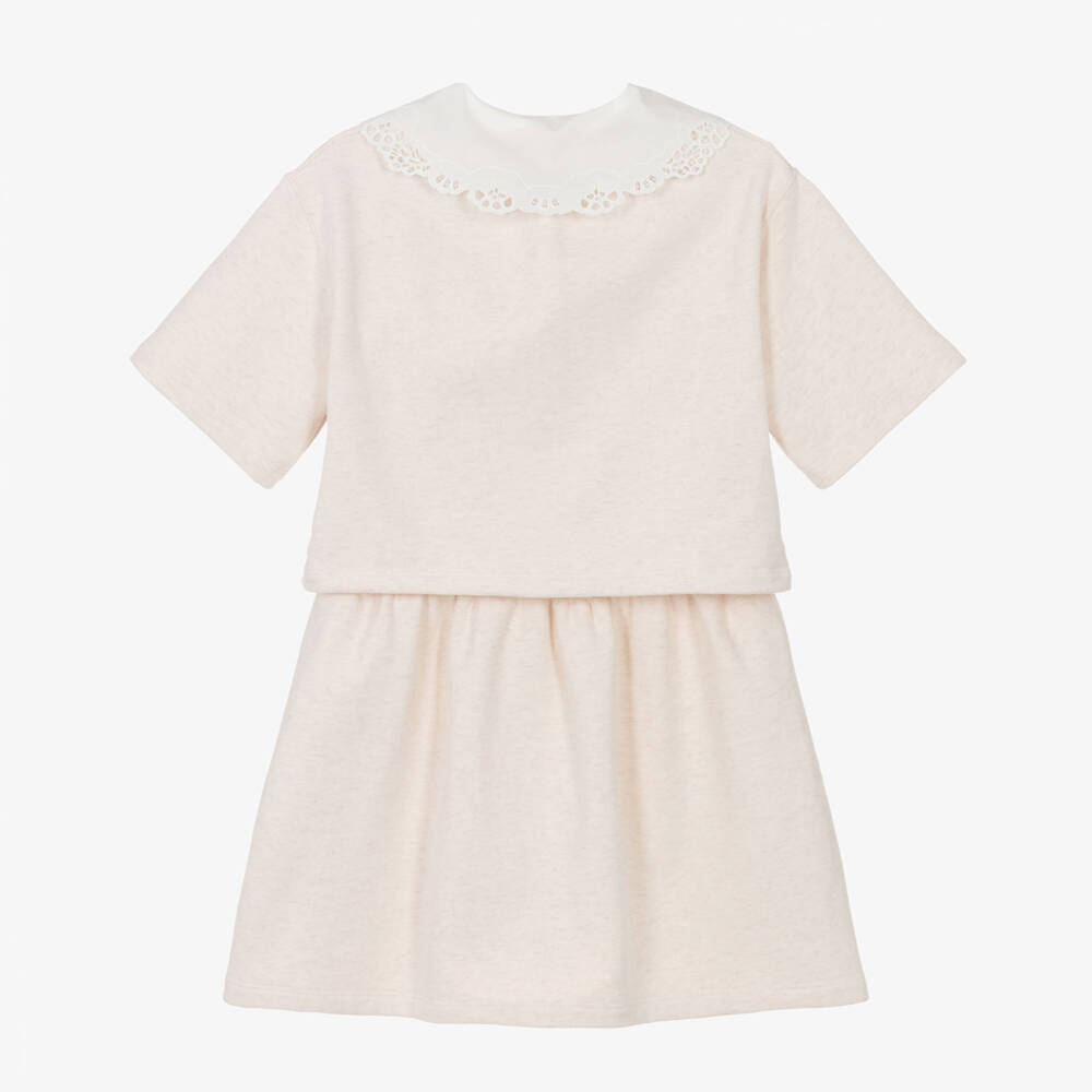Chloé-Girls Ivory Layered Jersey Dress with Broderie Collar | Childrensalon
