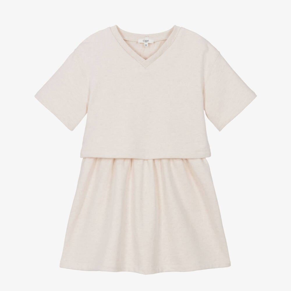 Chloé-Girls Ivory Layered Jersey Dress with Broderie Collar | Childrensalon
