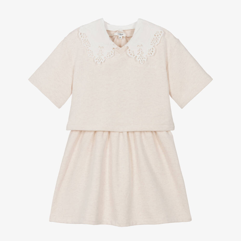 Chloé-Girls Ivory Layered Jersey Dress with Broderie Collar | Childrensalon