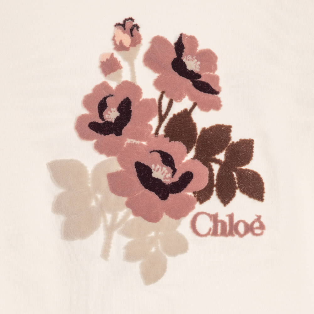 Chloé-Girls Ivory Organic Cotton Flocked Floral T-Shirt | Childrensalon
