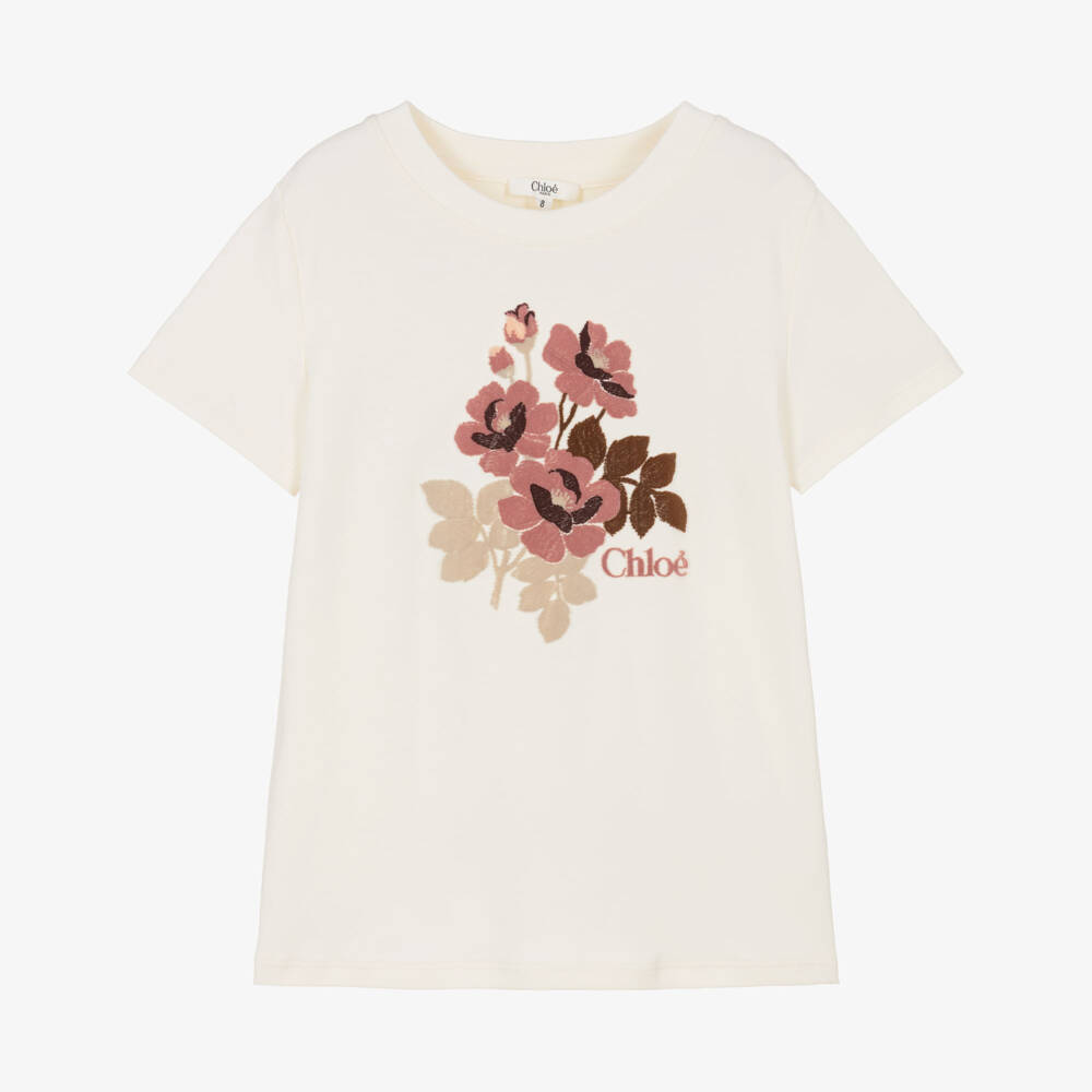 Chloé-Girls Ivory Organic Cotton Flocked Floral T-Shirt   | Childrensalon