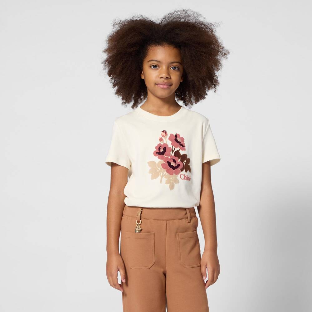 Chloé-Girls Ivory Organic Cotton Flocked Floral T-Shirt | Childrensalon