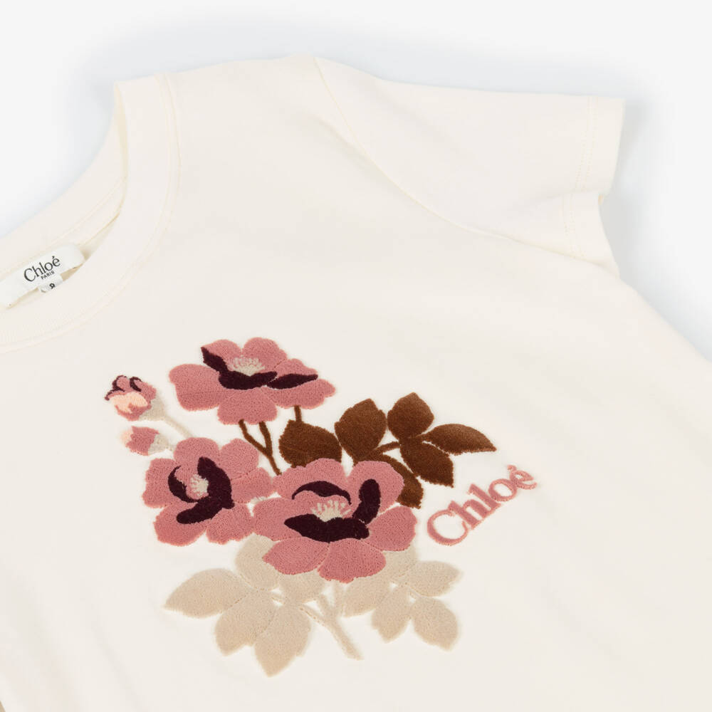 Chloé-Girls Ivory Organic Cotton Flocked Floral T-Shirt | Childrensalon