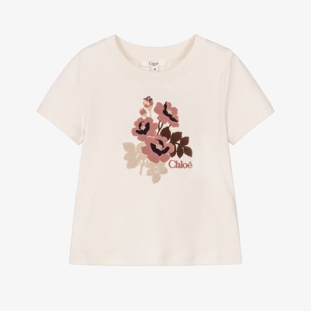 Chloé-Girls Ivory Organic Cotton Flocked Floral T-Shirt   | Childrensalon