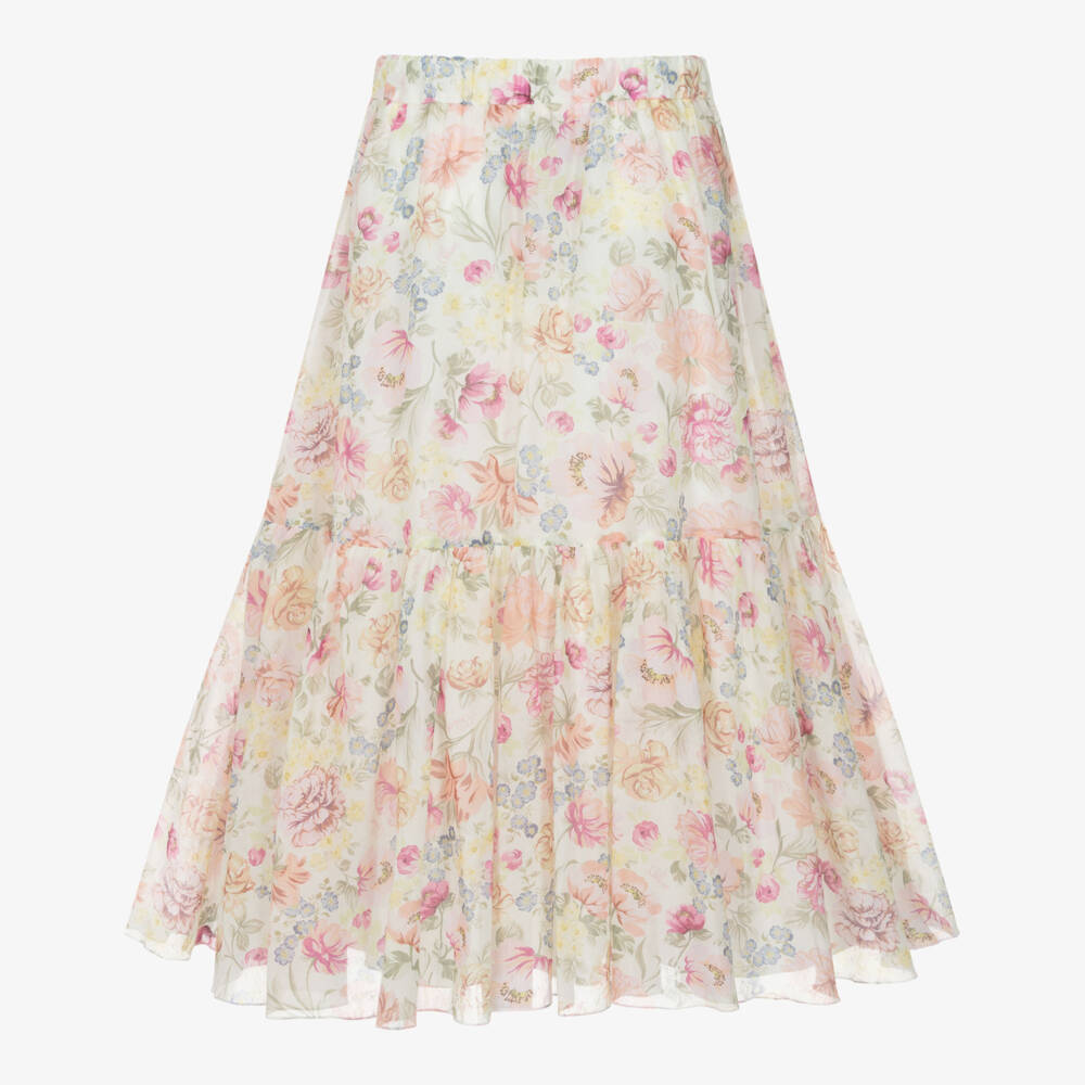 Chloé-Girls Ivory & Pink Floral Cotton Maxi Skirt | Childrensalon