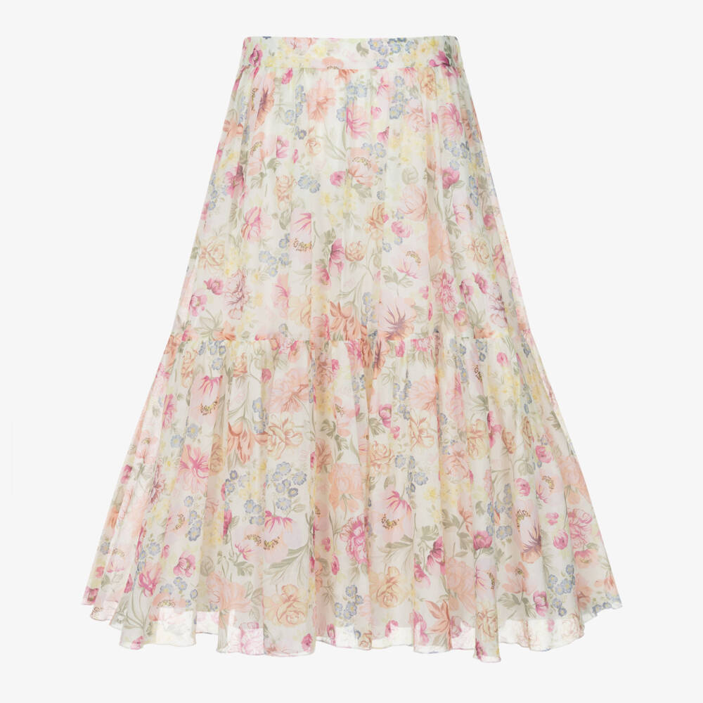 Chloé-Girls Ivory & Pink Floral Cotton Maxi Skirt | Childrensalon