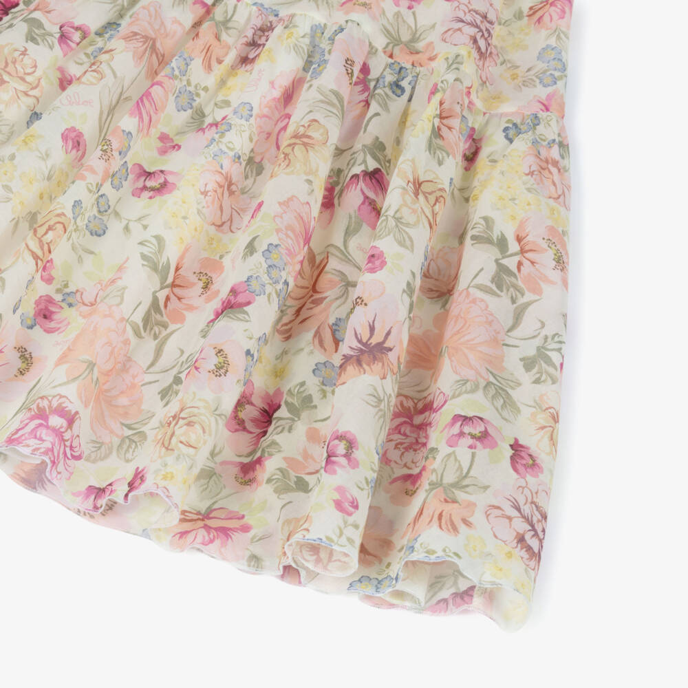 Chloé-Girls Ivory & Pink Floral Cotton Maxi Skirt | Childrensalon