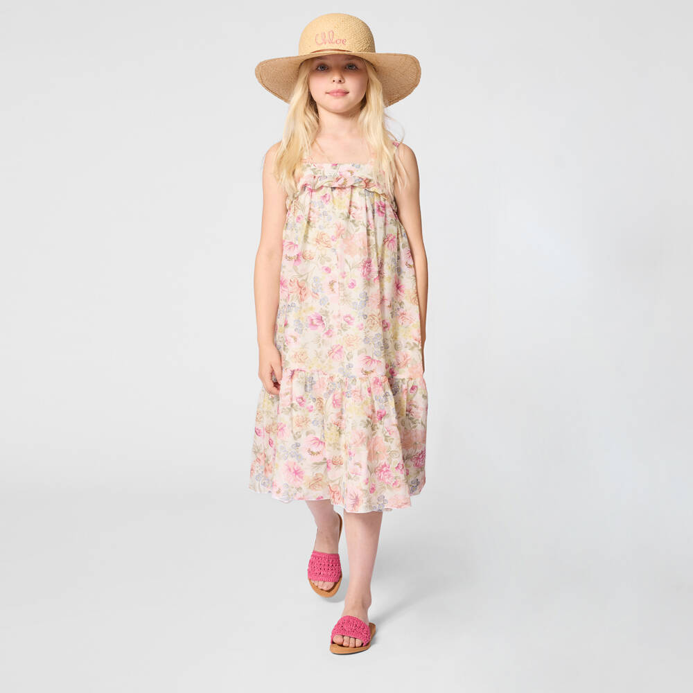 Chloé-Girls Ivory & Pink Floral Cotton Summer Dress | Childrensalon