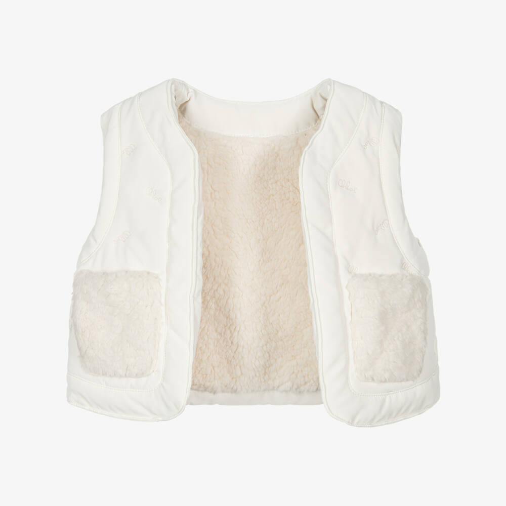 Chloé-Girls Ivory Reversible Sherpa Gilet with Embroidered Logos | Childrensalon