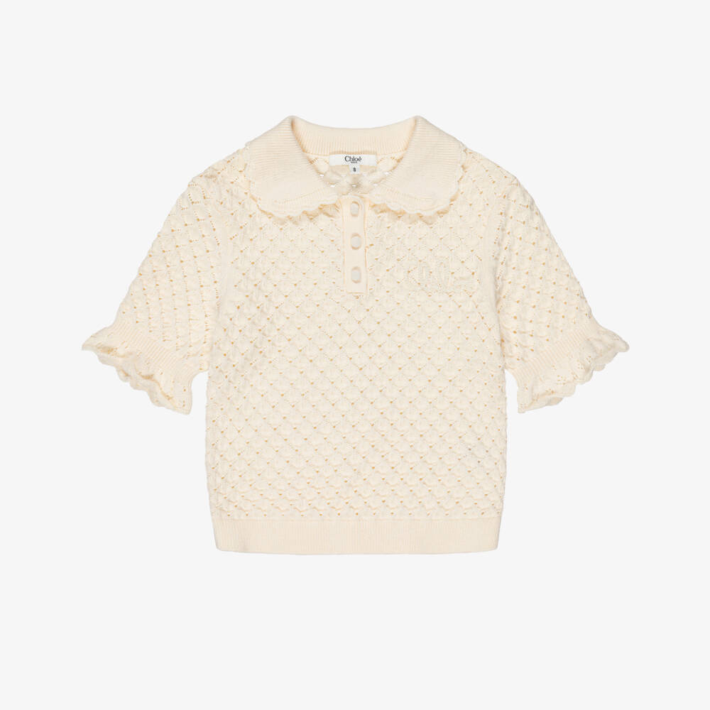 Chloé-Girls Ivory Scalloped Cotton Knit Polo Shirt | Childrensalon