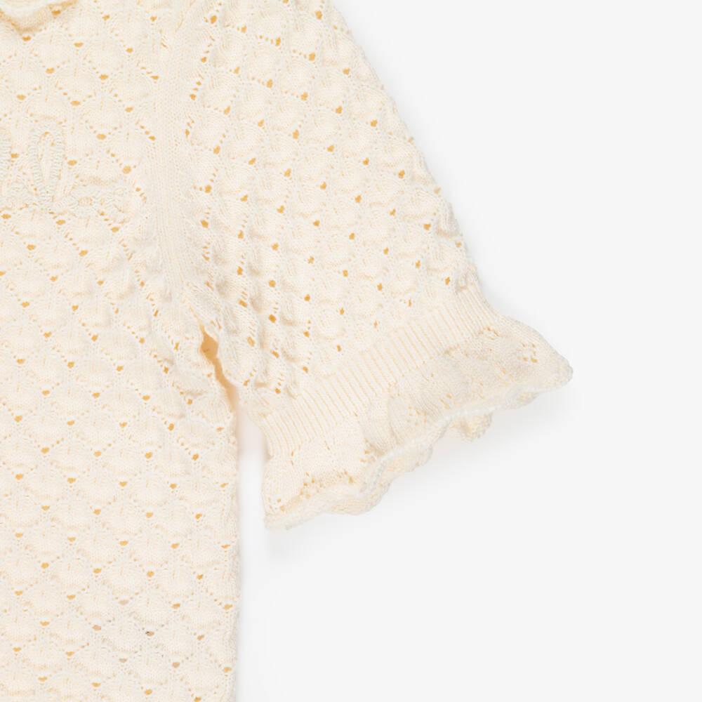 Chloé-Girls Ivory Scalloped Cotton Knit Polo Shirt | Childrensalon