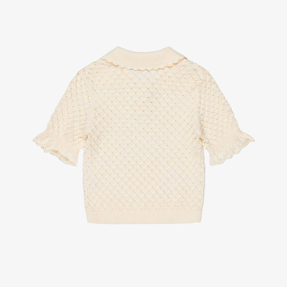 Chloé-Girls Ivory Scalloped Cotton Knit Polo Shirt | Childrensalon