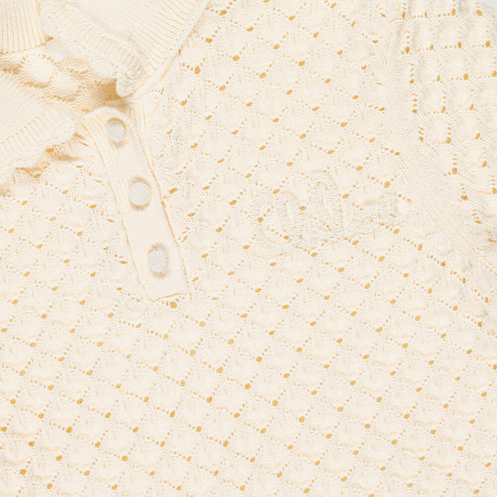Chloé-Girls Ivory Scalloped Cotton Knit Polo Shirt | Childrensalon