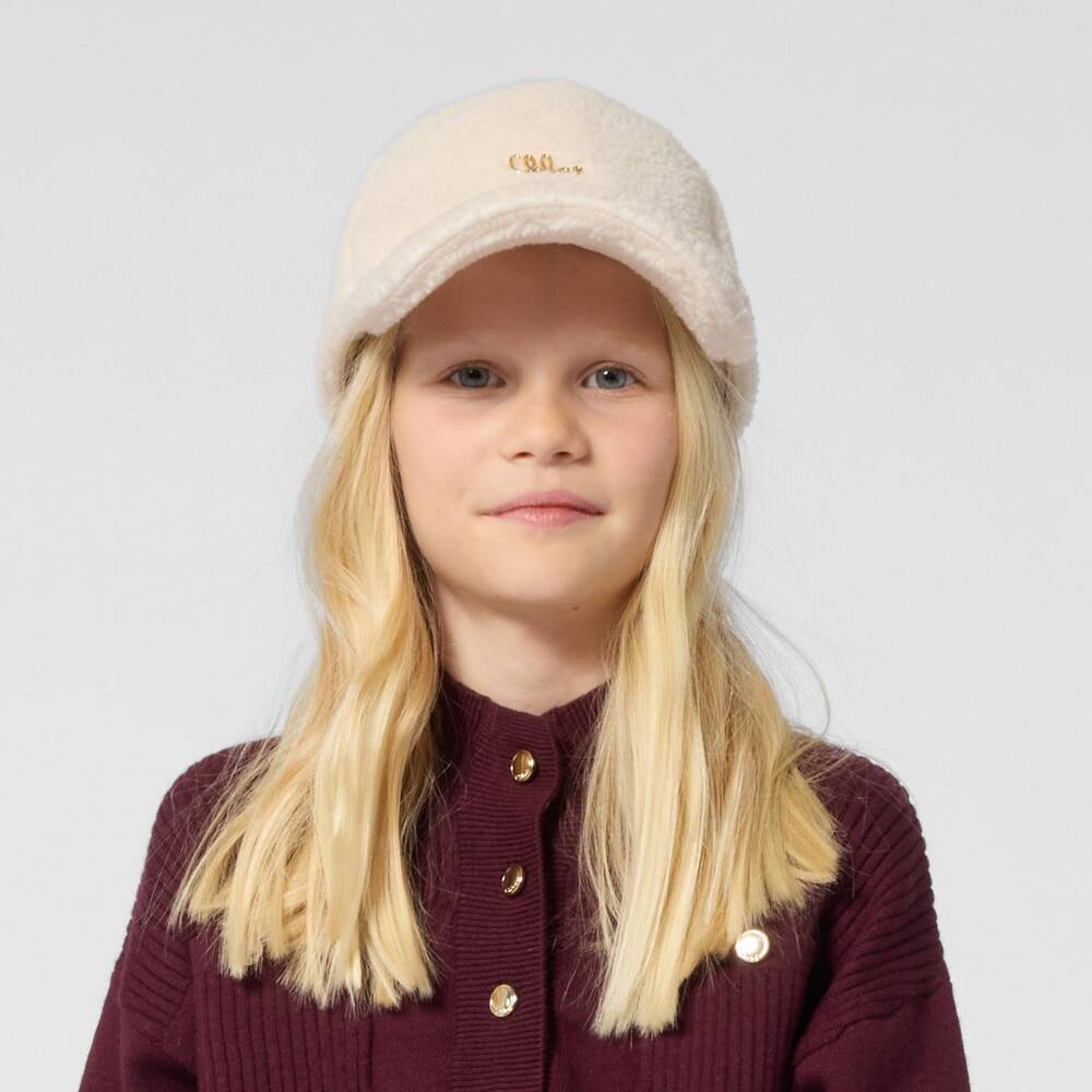 Chloé-Girls Ivory Sherpa Fleece Logo Cap | Childrensalon