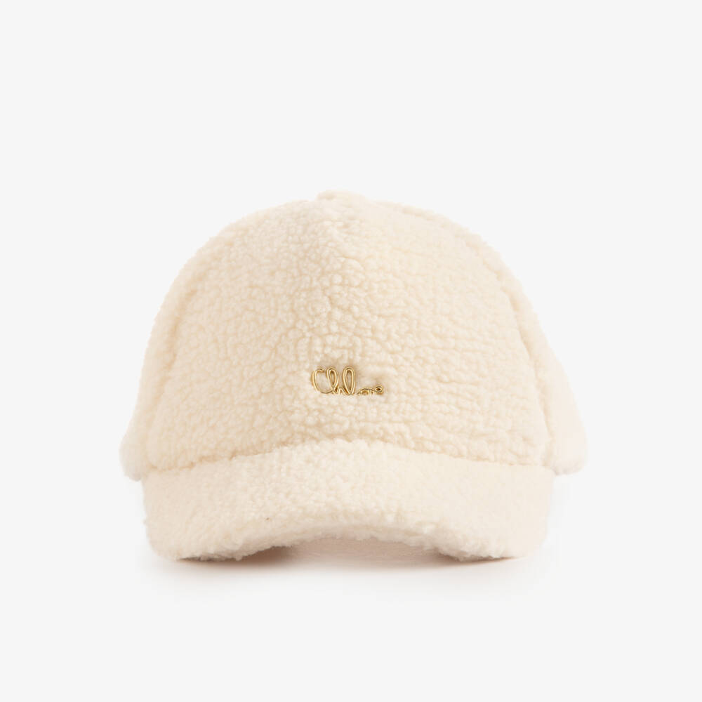 Chloé-Girls Ivory Sherpa Fleece Logo Cap | Childrensalon