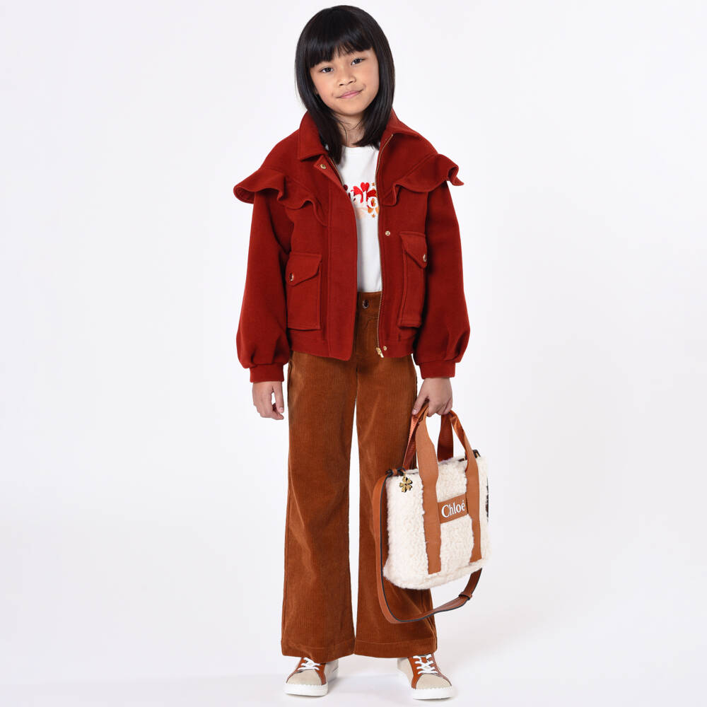 Chloé-Girls Ivory & Tan Brown Sherpa Fleece Bag (29cm) | Childrensalon