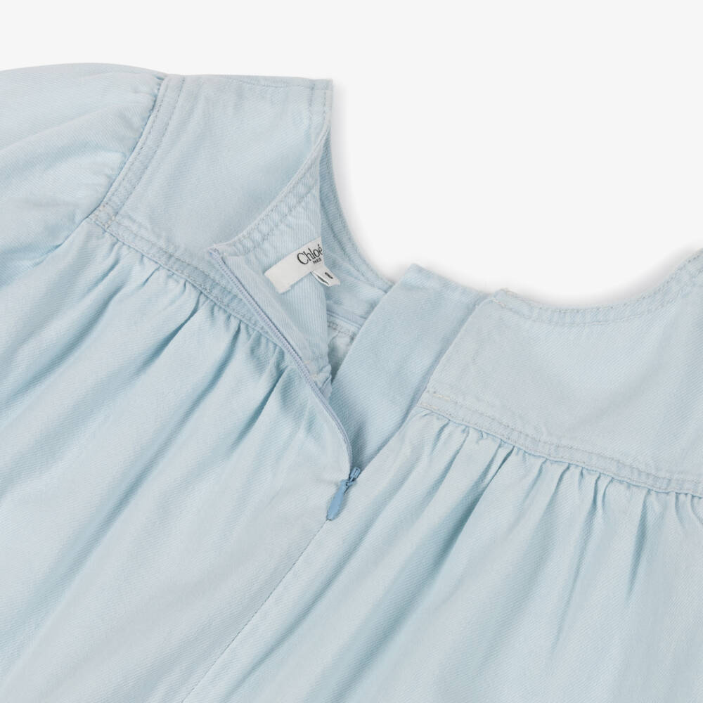 Chloé-Girls Light Blue Wash Denim Dress with Puffed Sleeves | Childrensalon