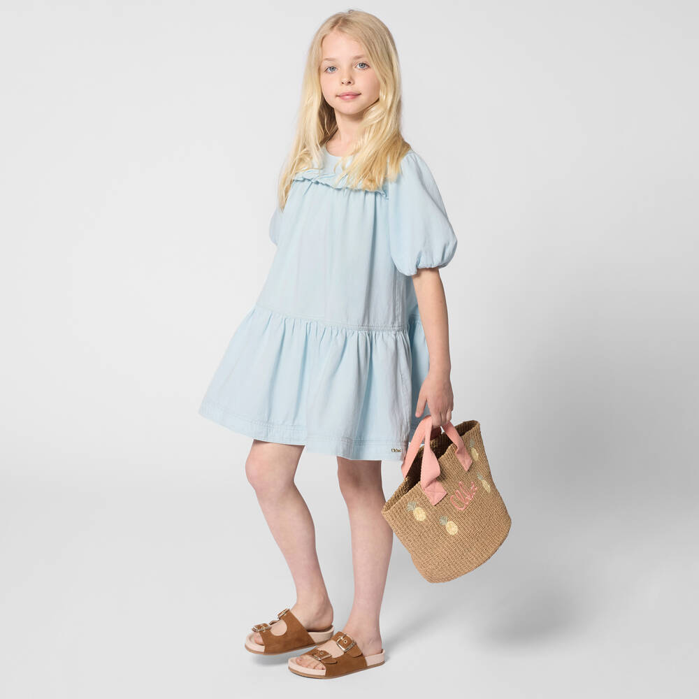 Chloé-Girls Light Blue Wash Denim Dress with Puffed Sleeves | Childrensalon