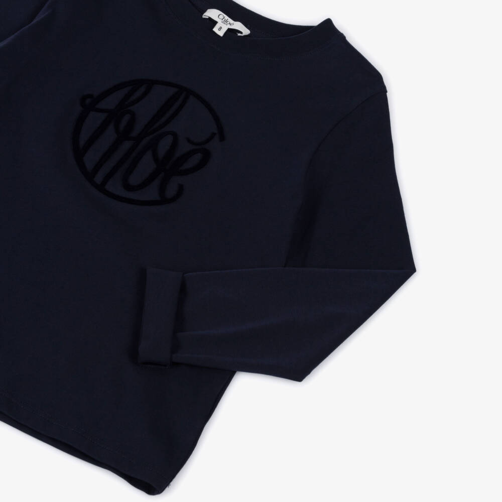 Chloé-Топ синий хлопковый с круглым логотипом для девочек | Childrensalon