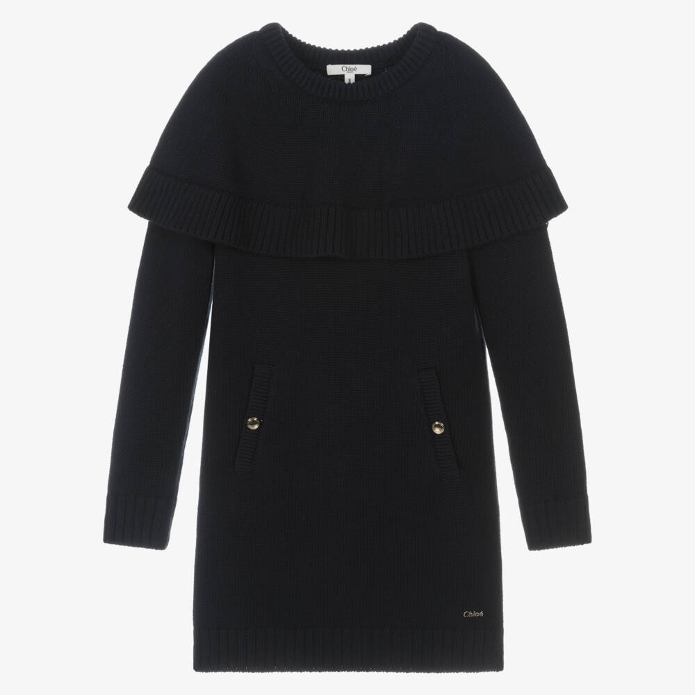 Chloé-Girls Navy Blue Cotton & Wool Knit Cape Dress | Childrensalon