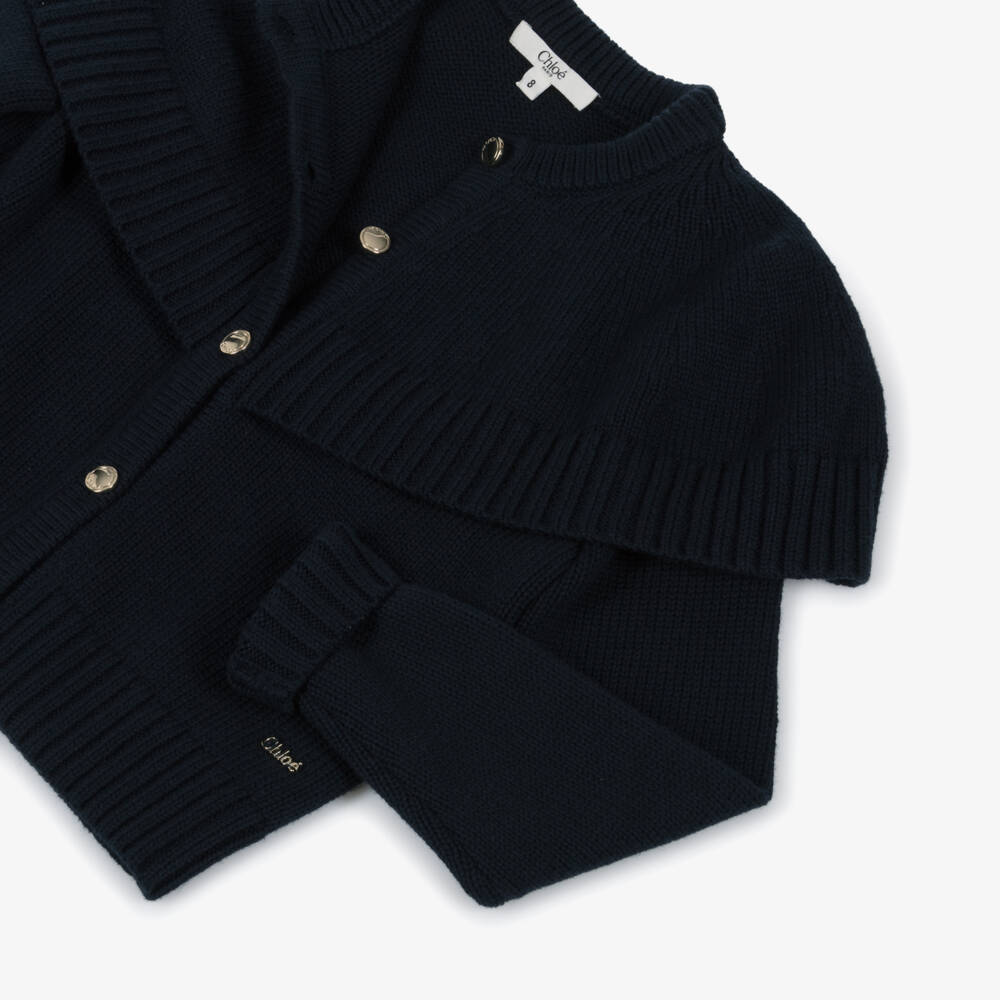 Chloé-Girls Navy Blue Cotton & Wool Knit Cardigan | Childrensalon