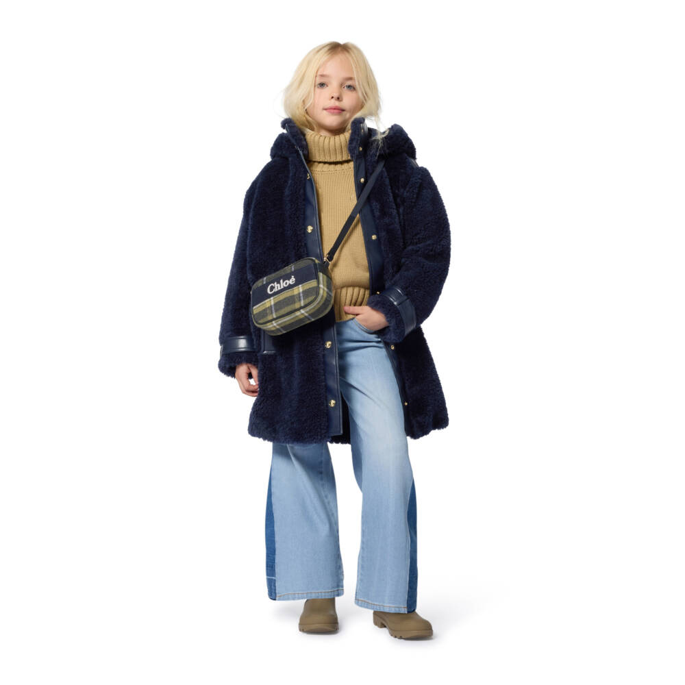 Chloé-Girls Navy Blue & Green Tartan Cross Body Bag (18cm) | Childrensalon