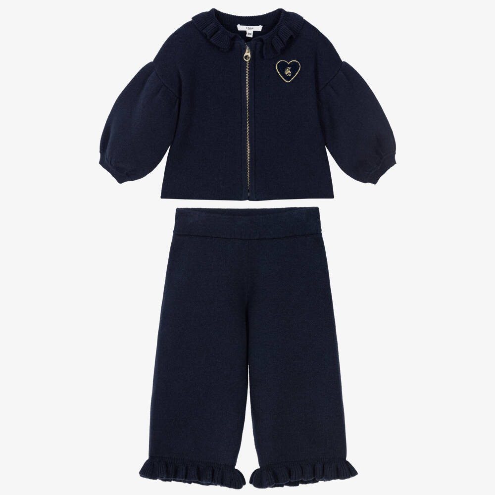 Chloé-Girls Navy Blue Knitted Trouser Set with Ruffles | Childrensalon