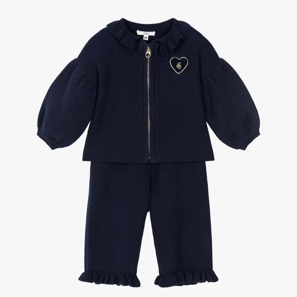 Chloé-Girls Navy Blue Knitted Trouser Set with Ruffles | Childrensalon