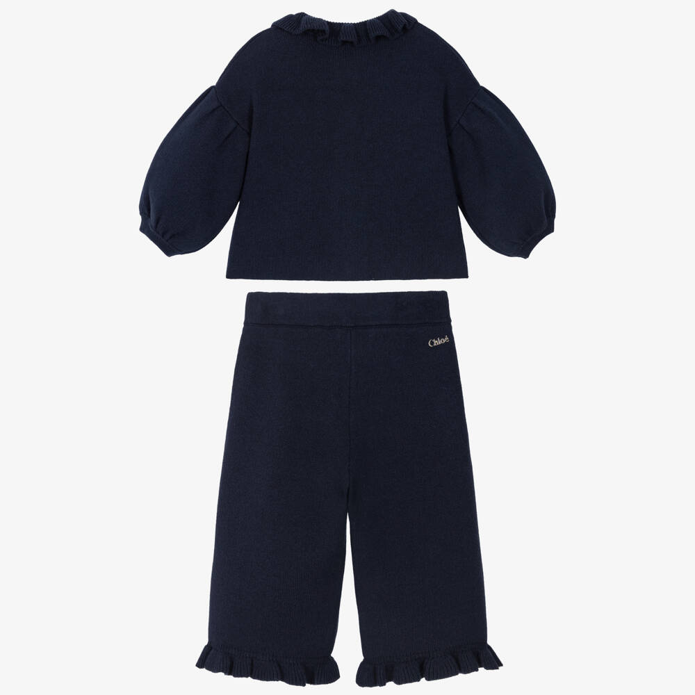 Chloé-Girls Navy Blue Knitted Trouser Set with Ruffles | Childrensalon