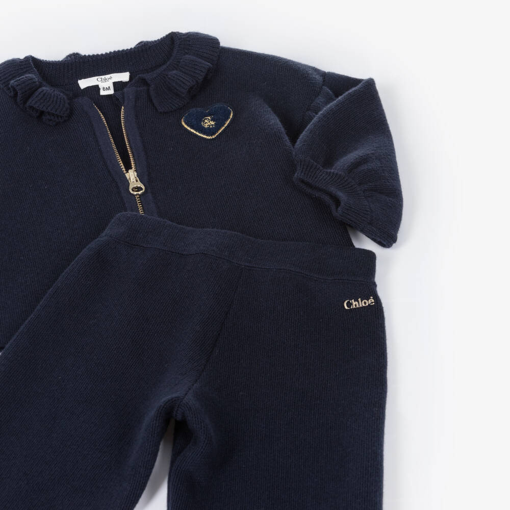 Chloé-Girls Navy Blue Knitted Trouser Set with Ruffles | Childrensalon
