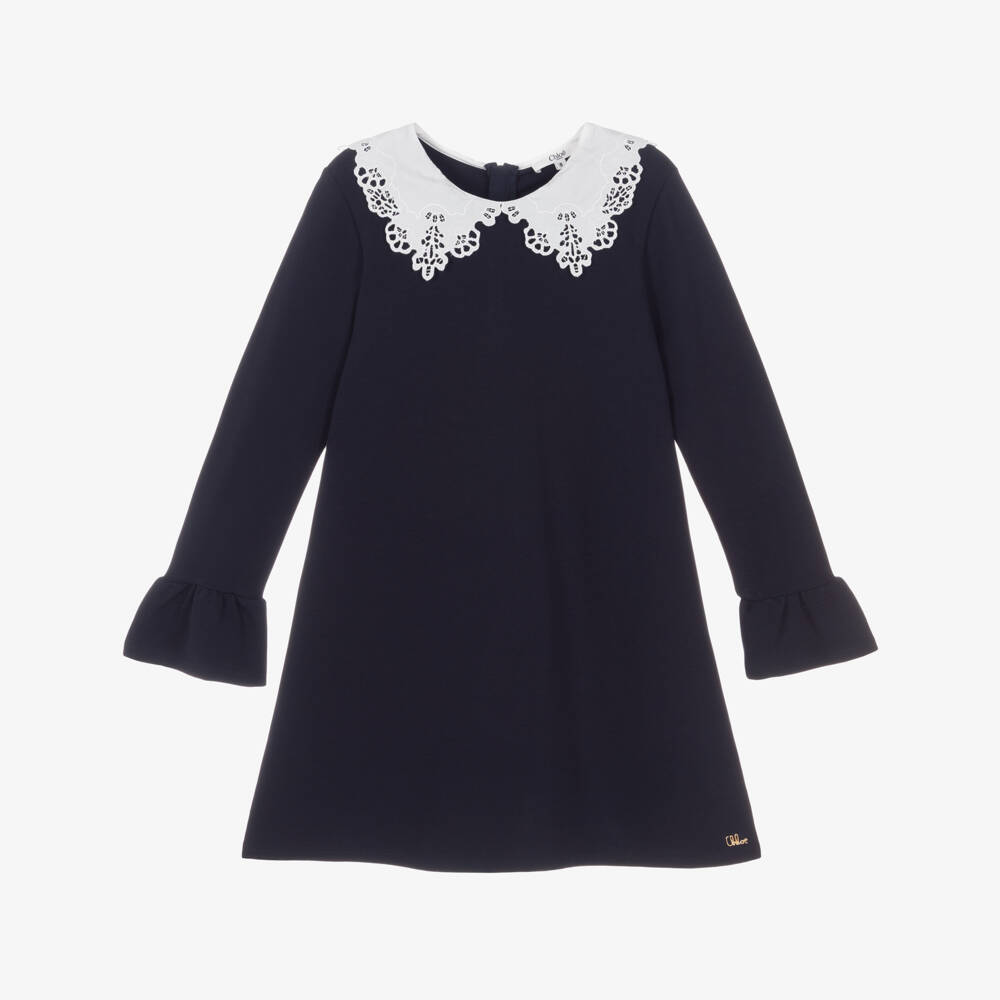 Chloé-Girls Navy Blue Milano Jersey Dress with Broderie Collar | Childrensalon