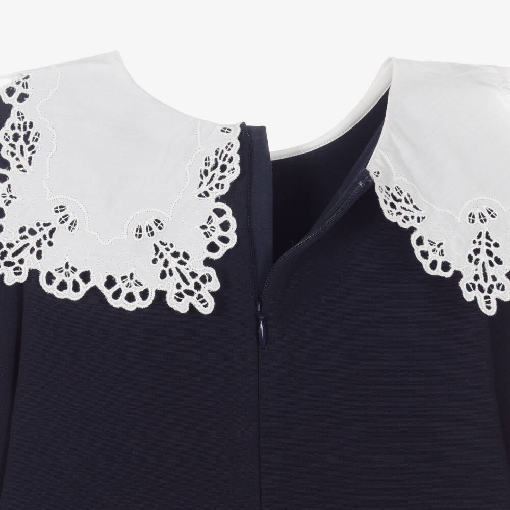 Chloé-Girls Navy Blue Milano Jersey Dress with Broderie Collar | Childrensalon
