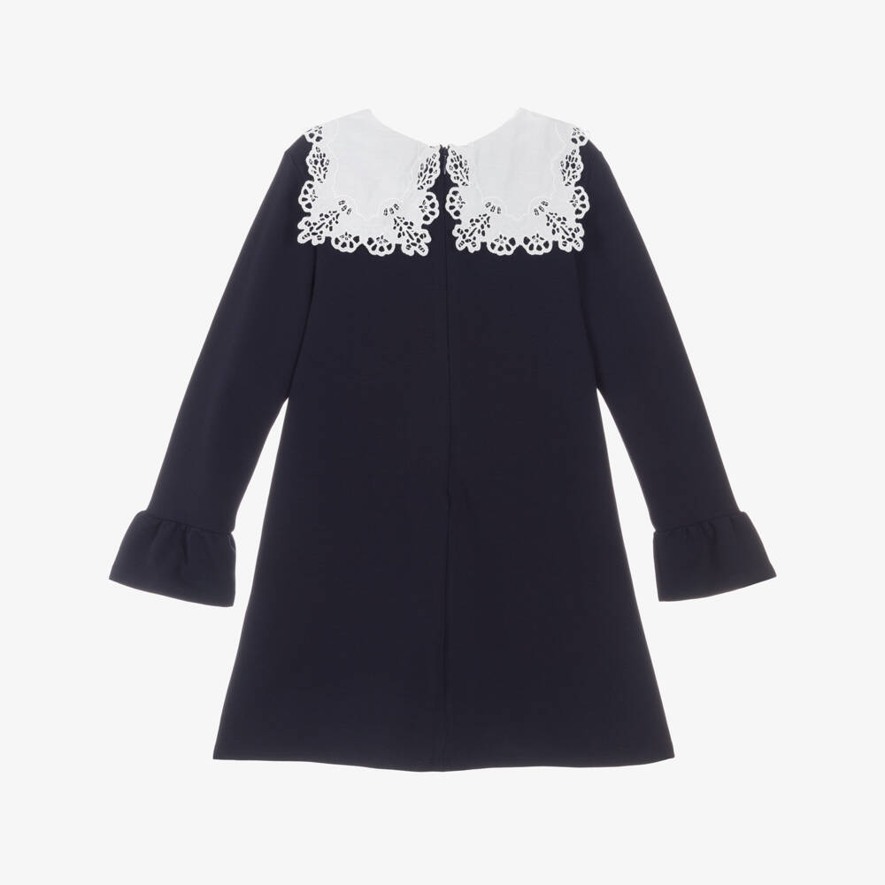 Chloé-Girls Navy Blue Milano Jersey Dress with Broderie Collar | Childrensalon