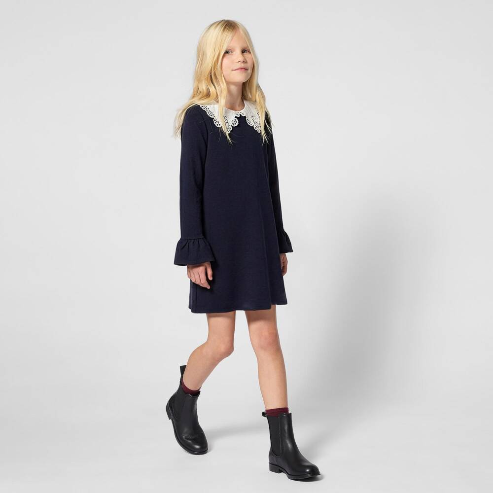Chloé-Girls Navy Blue Milano Jersey Dress with Broderie Collar | Childrensalon