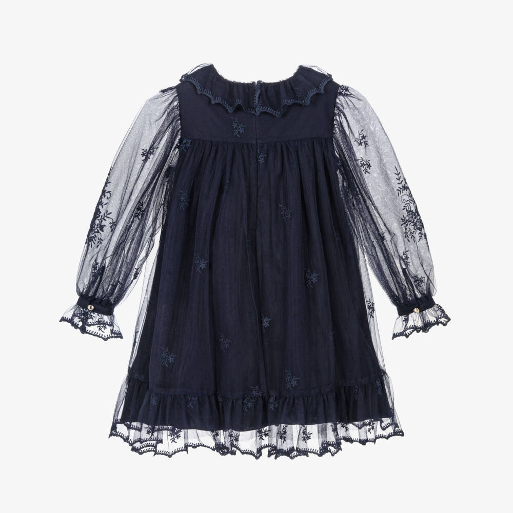 Chloé-Girls Navy Blue Tulle Dress with Floral Embroidery | Childrensalon