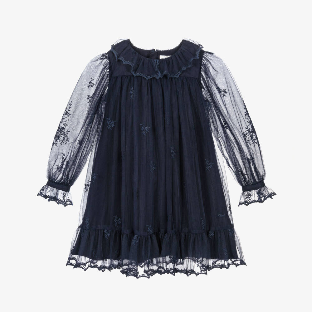 Chloé-Girls Navy Blue Tulle Dress with Floral Embroidery  | Childrensalon
