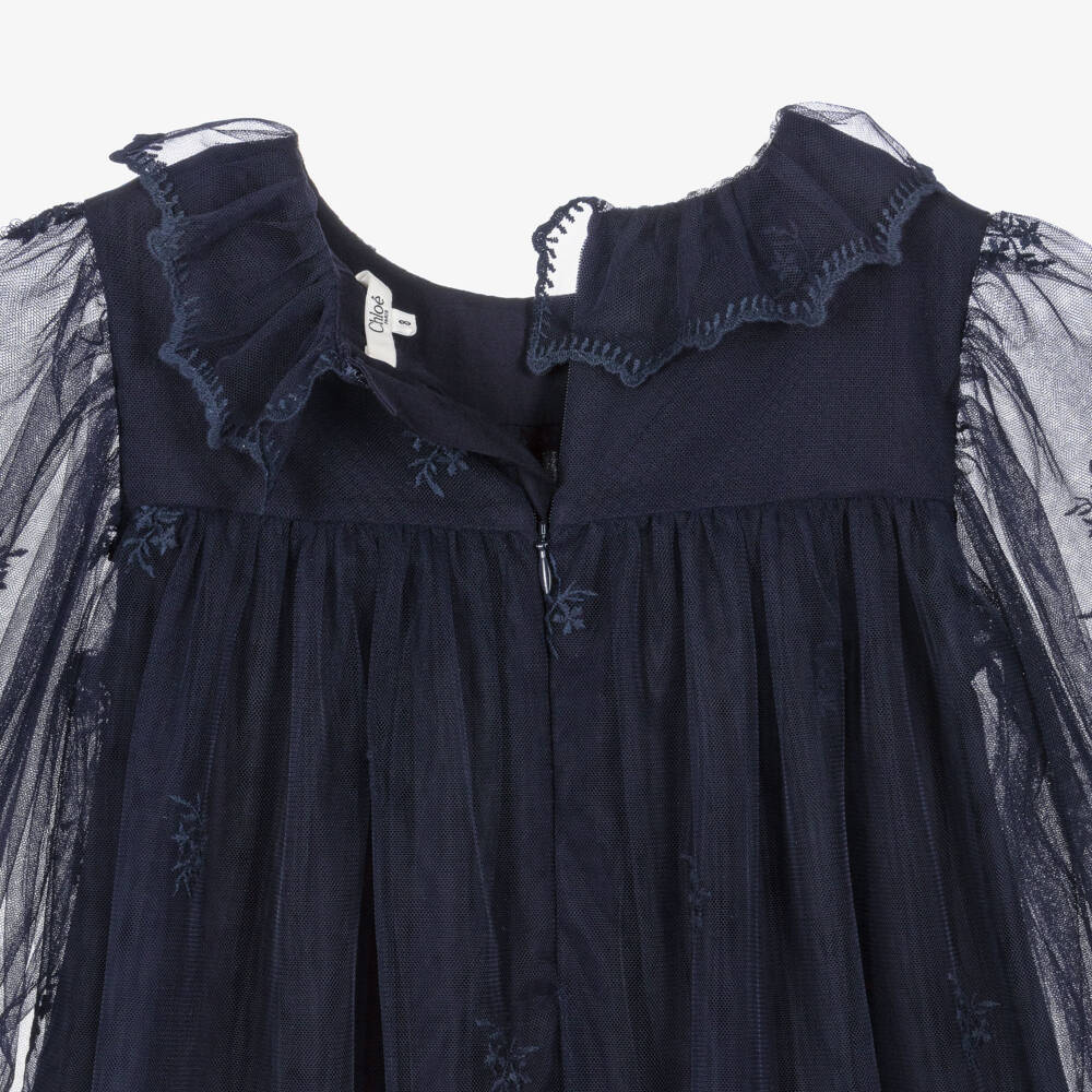 Chloé-Girls Navy Blue Tulle Dress with Floral Embroidery | Childrensalon