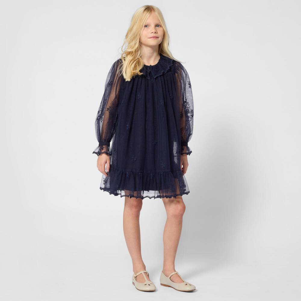 Chloé-Girls Navy Blue Tulle Dress with Floral Embroidery | Childrensalon
