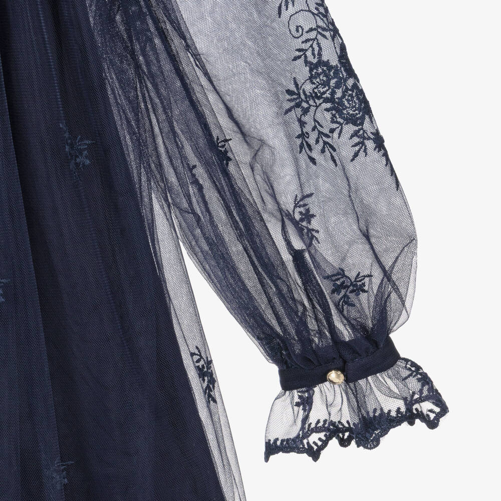 Chloé-Girls Navy Blue Tulle Dress with Floral Embroidery | Childrensalon