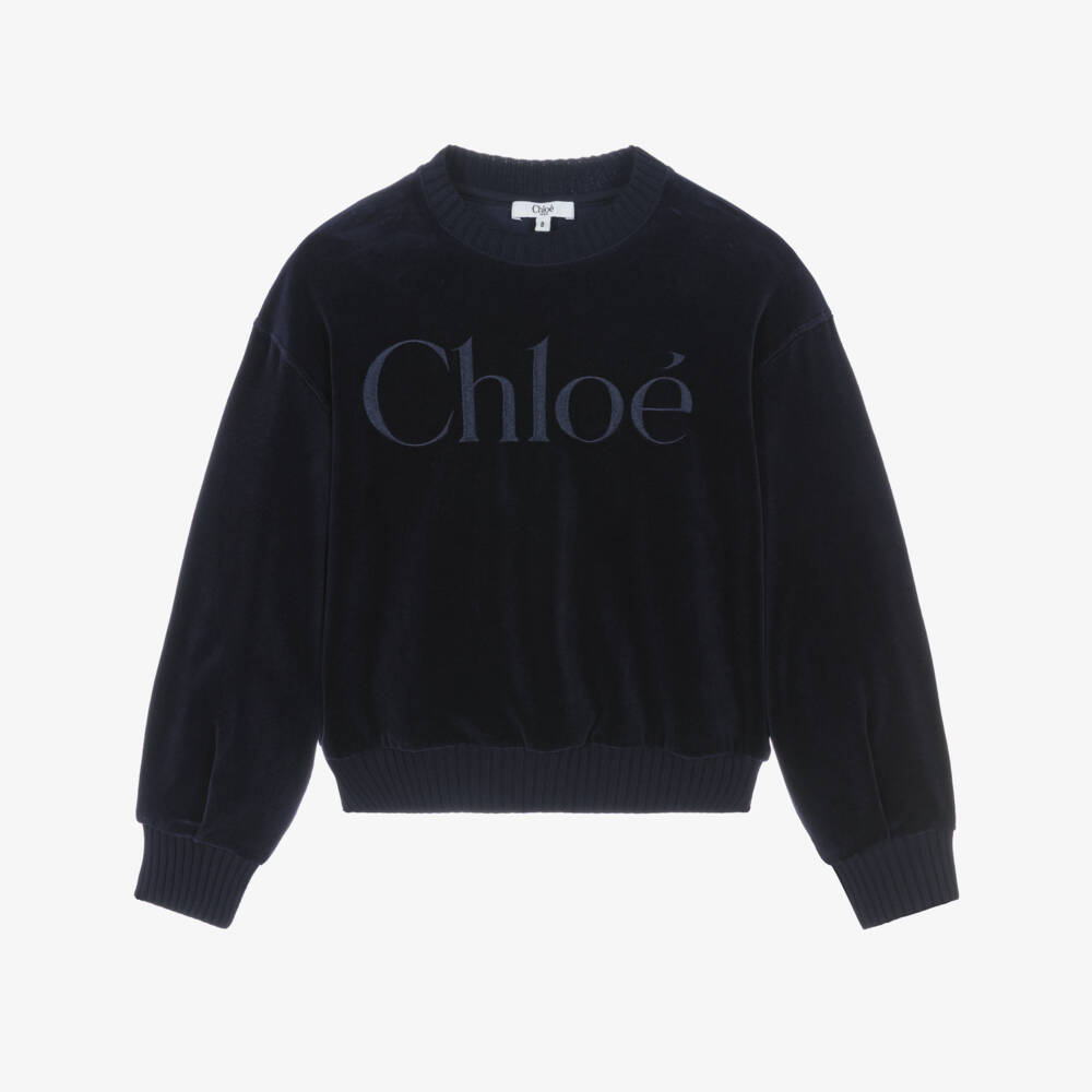 Chloé-Girls Navy Blue Velour Logo Sweatshirt | Childrensalon