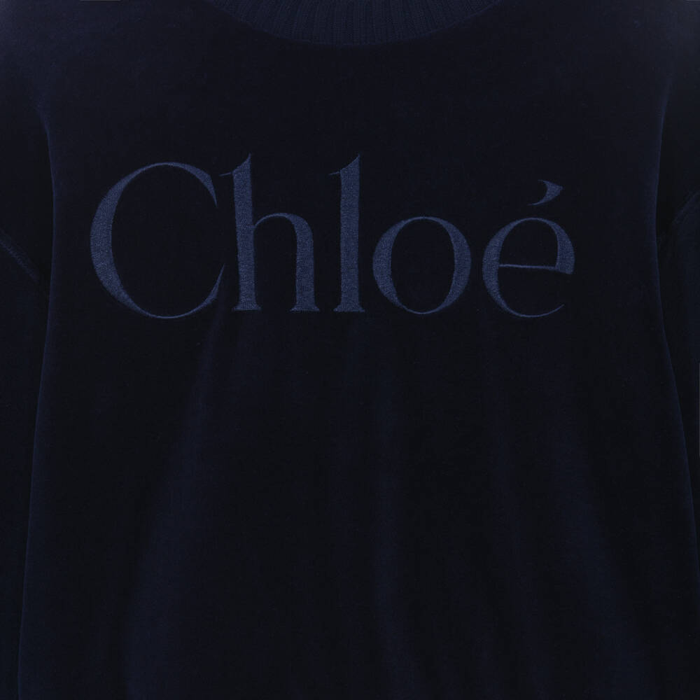 Chloé-Girls Navy Blue Velour Logo Sweatshirt | Childrensalon
