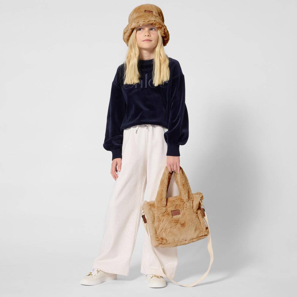 Chloé-Girls Navy Blue Velour Logo Sweatshirt | Childrensalon