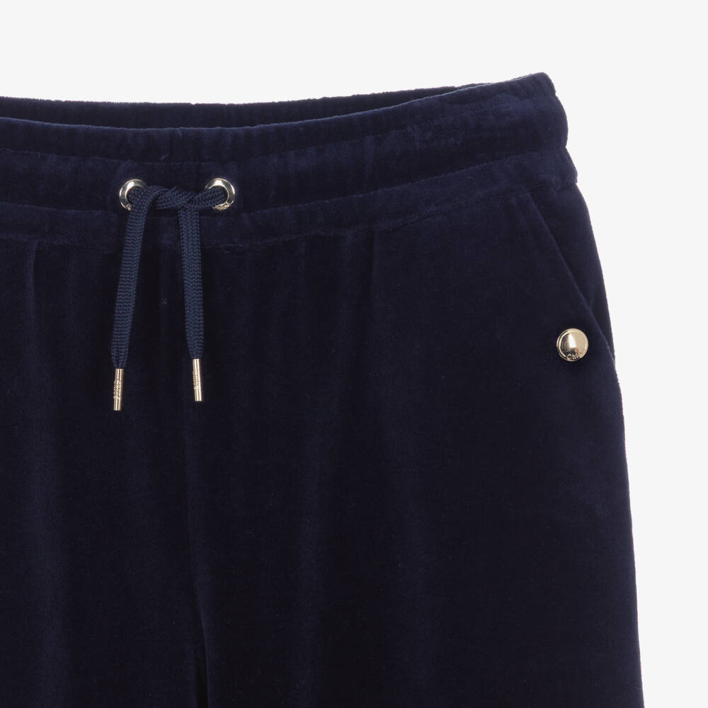 Chloé-Girls Navy Blue Velour Wide Leg Joggers | Childrensalon