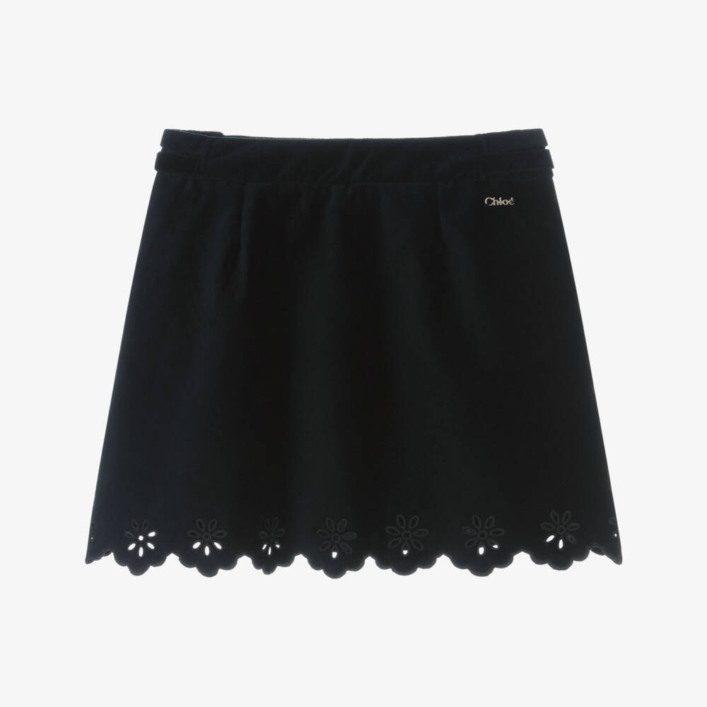 Chloé-Girls Navy Blue Velvet Scalloped Skirt | Childrensalon