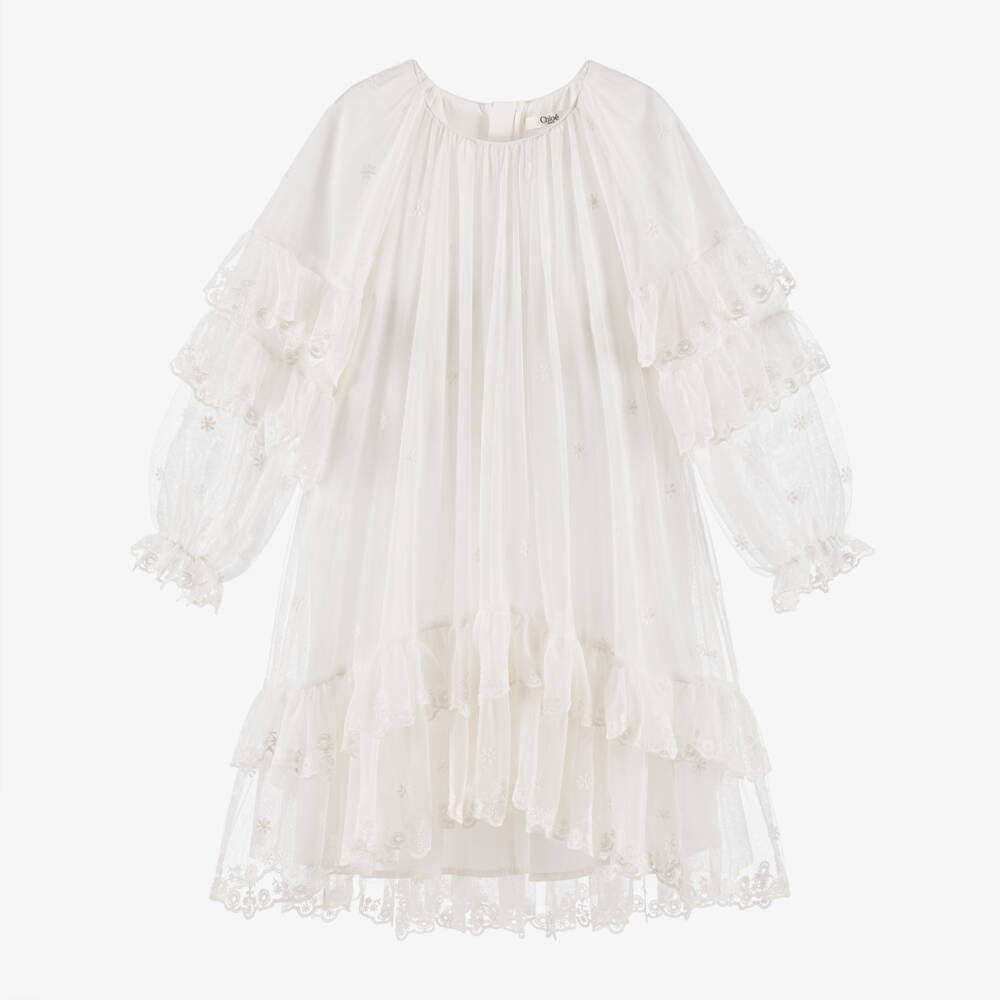 Chloé-Girls Off-White Floral Embroidered Tulle Ruffle Dress | Childrensalon