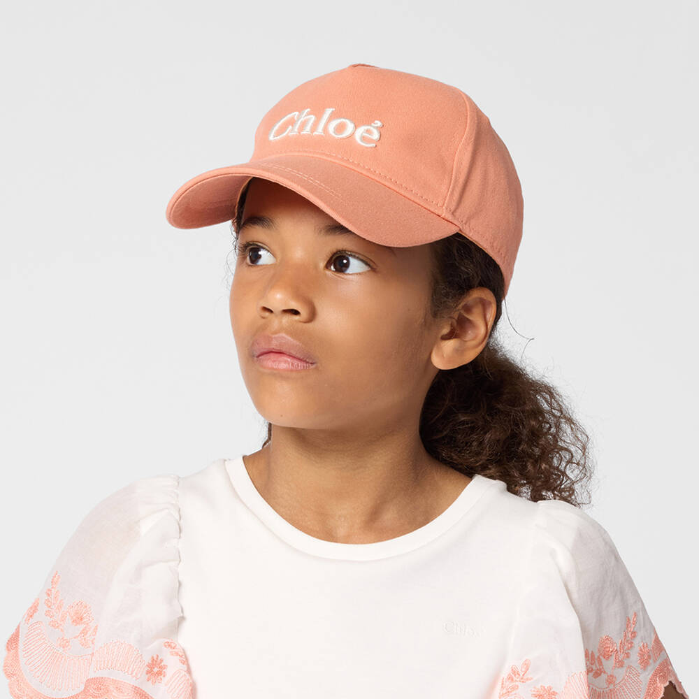 Chloé-Girls Orange Cotton Cap with Embroidered Logo | Childrensalon