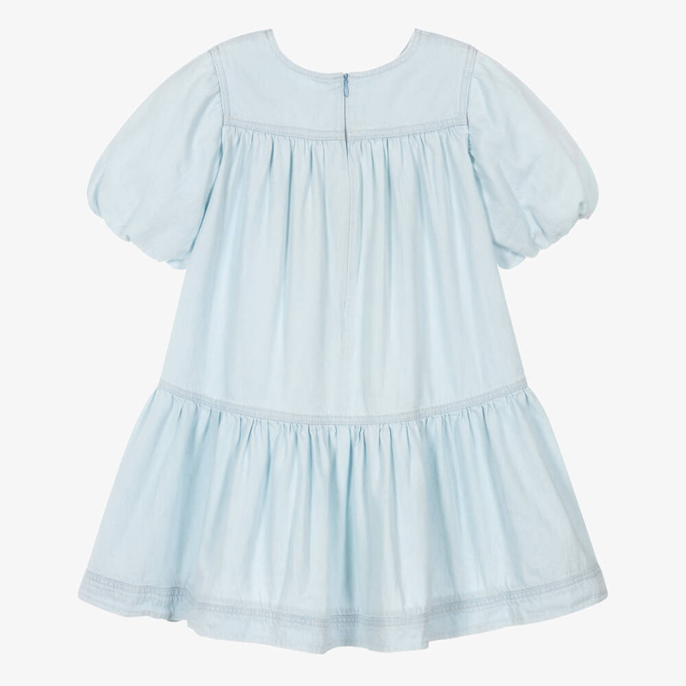 Chloé-Girls Pale Blue Denim Dress with Puffed Sleeves | Childrensalon