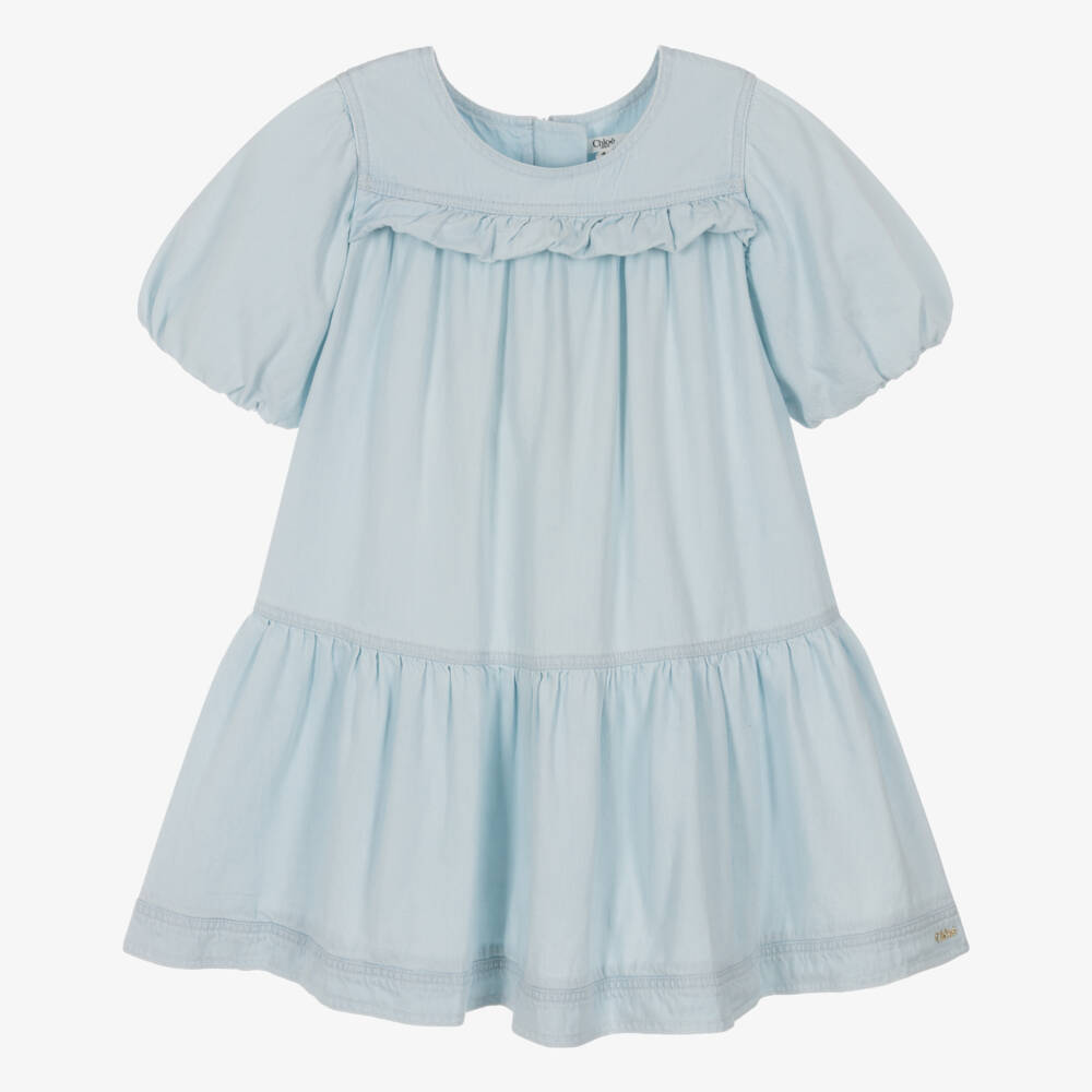 Chloé-Girls Pale Blue Denim Dress with Puffed Sleeves | Childrensalon