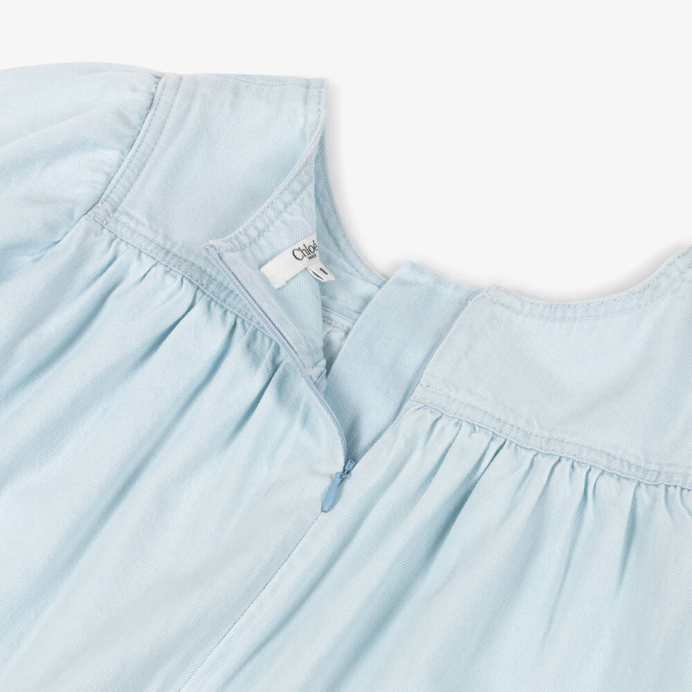 Chloé-Girls Pale Blue Denim Dress with Puffed Sleeves | Childrensalon