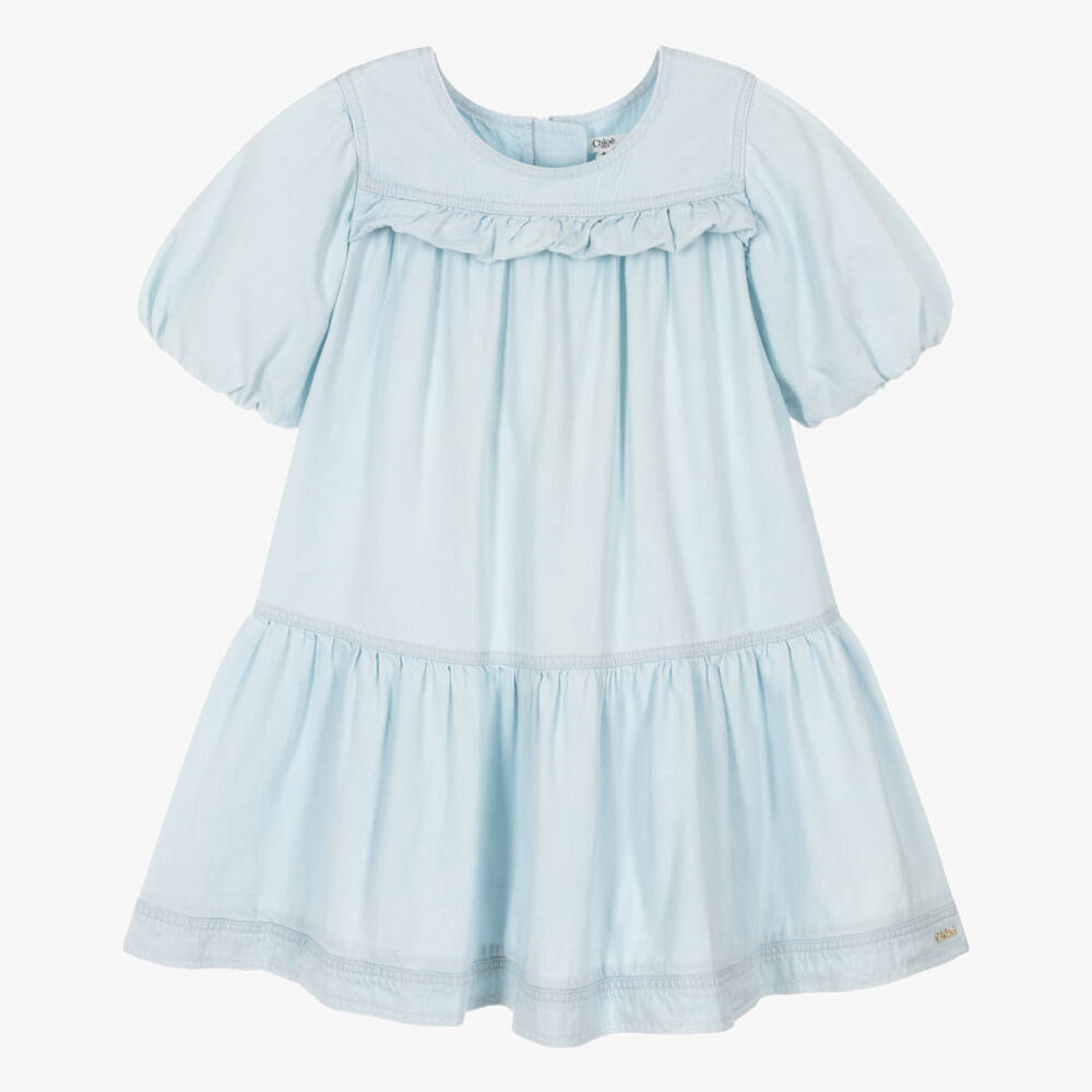 Chloé-Girls Pale Blue Denim Dress with Puffed Sleeves | Childrensalon